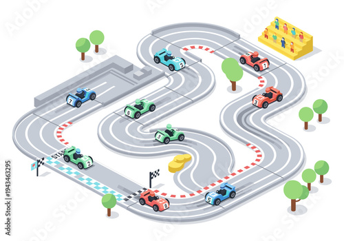Isometric toy race cars compete on a winding track with spectators watching from the stands