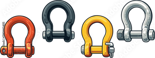 Colorful Metal Lifting Shackle Set with Bolt Pin, Industrial Rigging Hardware Vector Illustration