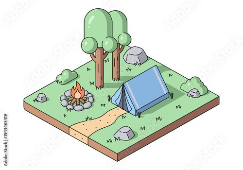 Cozy isometric campsite with a tent, campfire, and trees in a minimalist style