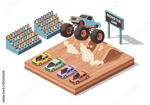 Monster truck crushing cars in a stadium with cheering spectators and a "Monster Jam" sign