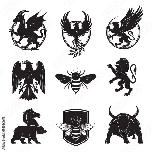 Illustrations of animal emblems and mythical creatures in a set of elements.