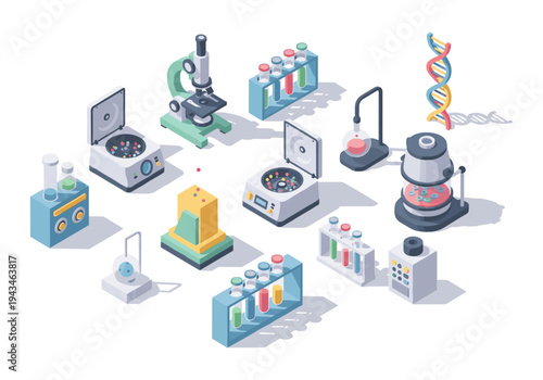 Isometric laboratory equipment and DNA helix illustration on a white background