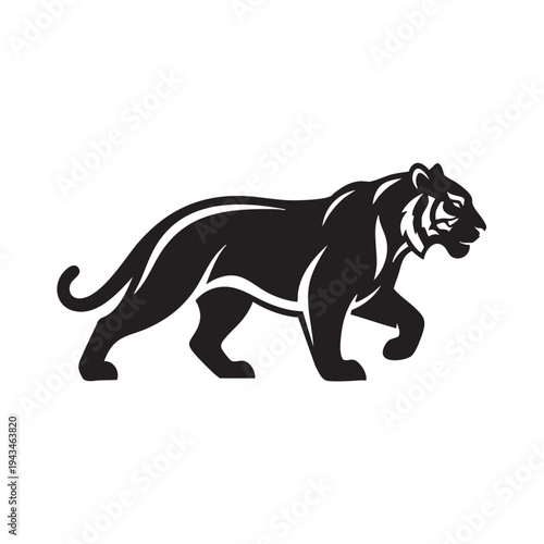 A black silhouette illustration of a tiger walking forward in profile.