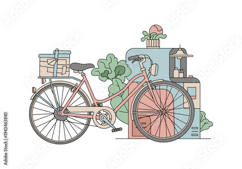 Retro bicycle with basket and potted plant in a minimalist urban scene
