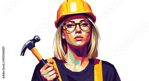 Young woman in yellow hard hat holding hammer with focused expression  