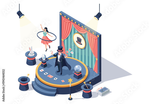 Illusionist performs magic tricks on stage with a hula hoop dancer and a rabbit from a hat