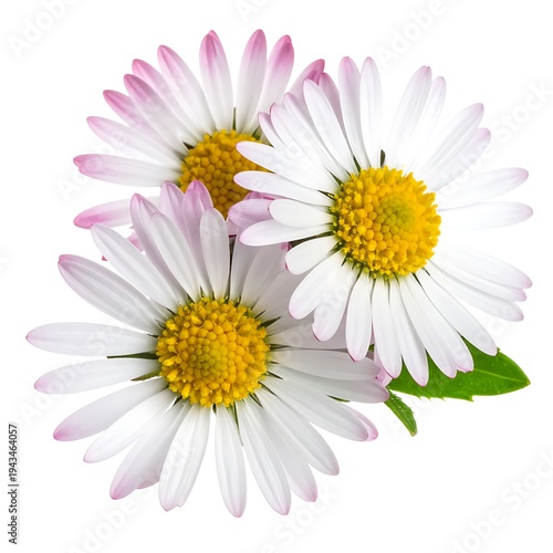 Three daisies feature white petals with pink tips and vibrant yellow centers, isolated on a white background