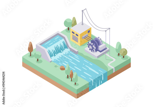 Isometric hydroelectric power plant generating clean energy from flowing water and turbines