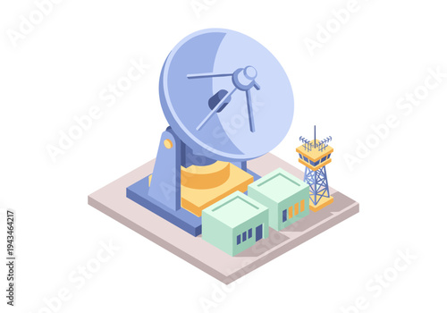 Isometric illustration of a satellite dish and control tower on a platform with buildings