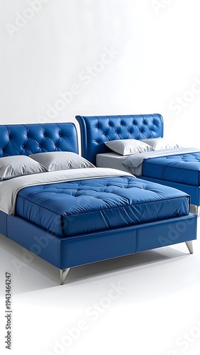 Two tufted blue beds with gray bedding against a stark white backdrop in a vertically oriented shot
