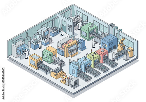 Isometric factory production line with workers and automated machinery in a clean room setting