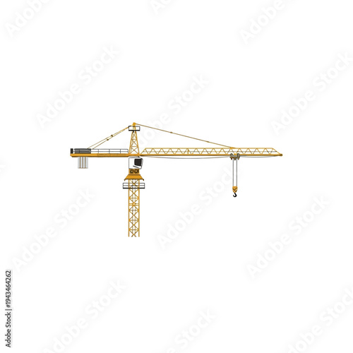 Industrial yellow tower crane vector illustration representing heavy machinery for urban development and large-scale building construction projects, symbolizing progress and engineering