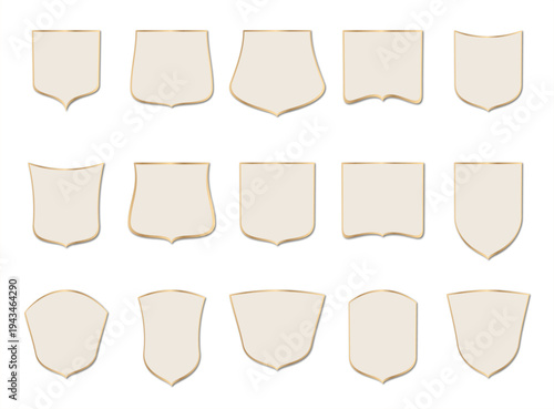 Collection of shield shapes with gold borders on white background