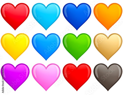 Twelve glossy hearts, arranged in a grid on a white background. Each heart is a different bright color