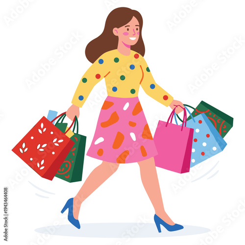 Woman with shopping bags walking cheerfully after successful shopping trip
