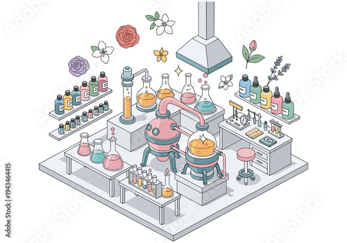Perfume laboratory with flowers and distillation equipment creating aromatic essences