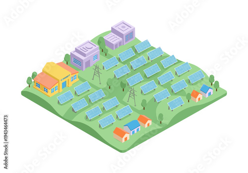Isometric view of a solar farm powering a community with residential and industrial buildings