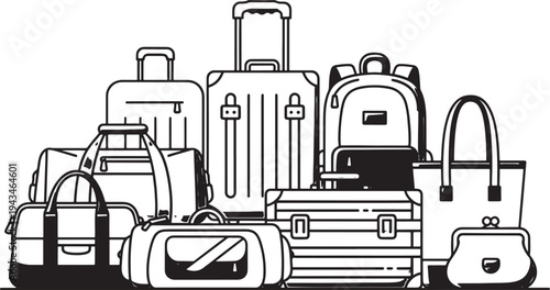 Illustration of a large pile of various travel bags, including suitcases, backpacks, and handbags, in a black and white line art style