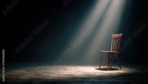 Single wooden chair in spotlight darkness.