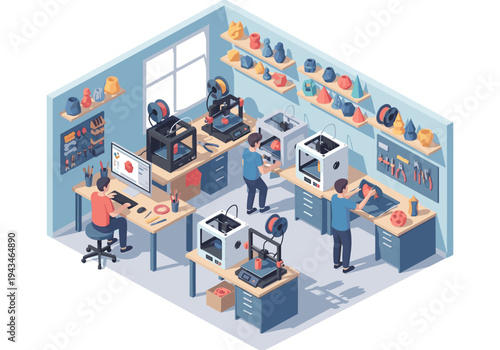 Modern 3D printing workshop with people designing and operating machines