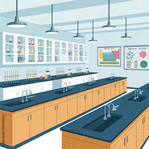 Students experiment in a well‑lit university laboratory with organized equipment, bright walls, and educational posters