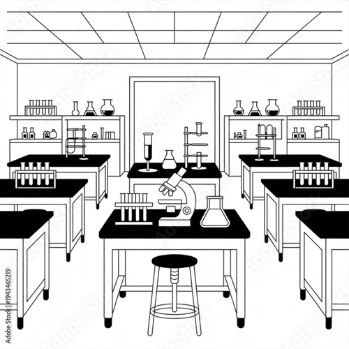 Workstations, Microscopes, Shelves, and Students in a Detailed Line Drawing