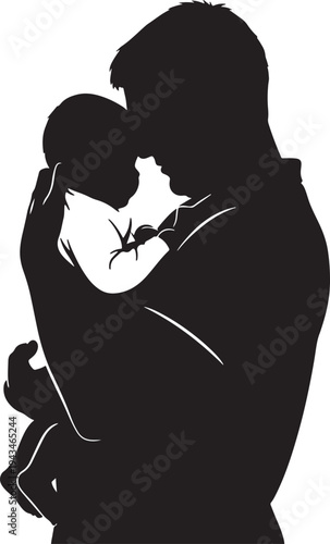 Silhouette of a loving father holding his newborn baby in a tender embrace on a white background