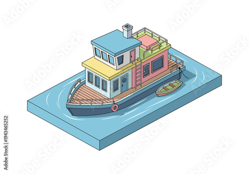 Isometric illustration of a colorful tugboat with a small dinghy tied to its side