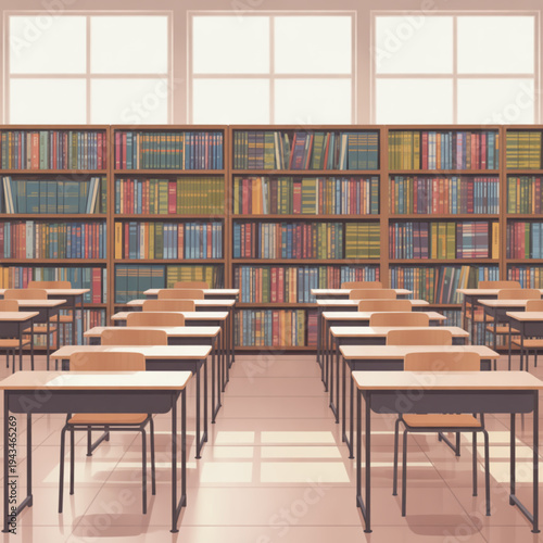 Natural Light Floods an Empty Classroom with Desks, Bookshelves, and Windows, Creating a Serene Study Environment