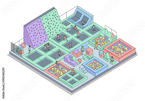 Isometric view of a vibrant indoor trampoline park with diverse attractions for children and adults