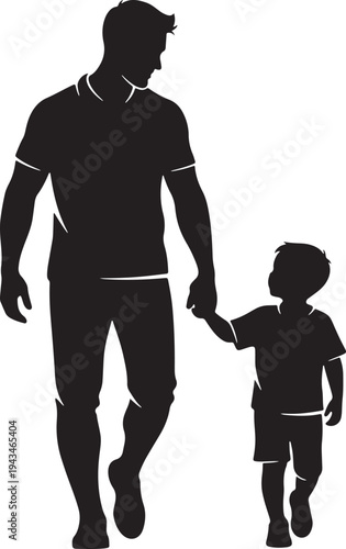 Father and son walking together while holding hands, black silhouette vector illustration of family bonding
