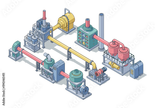 Isometric industrial factory processing plant with pipes and machinery