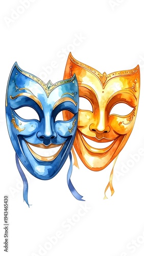 Watercolor image Two theatrical masks, one blue, one gold, show happy expressions and streaming ribbons