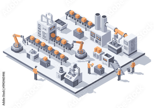 Modern automated factory production line with robotic arms and conveyor belts