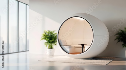 A modern, spherical white pod with cushioned seating and a small table inside sits in a bright room with large windows and green potted plants.