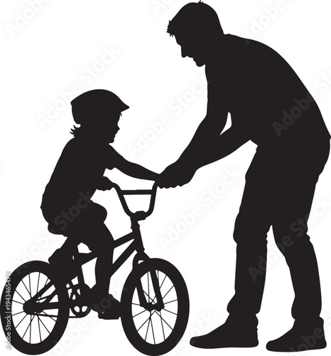Father teaching his child to ride a bicycle silhouette, parent guiding kid on bike during outdoor activity