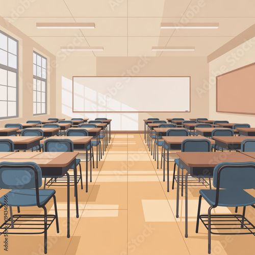 Morning study session in a bright classroom with rows of desks, chairs, whiteboard, and window light.