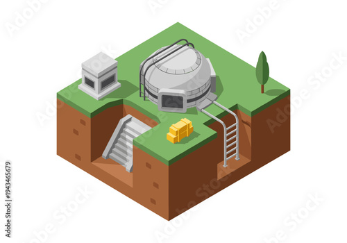 Isometric view of a futuristic underground bunker with gold bars and a small tree