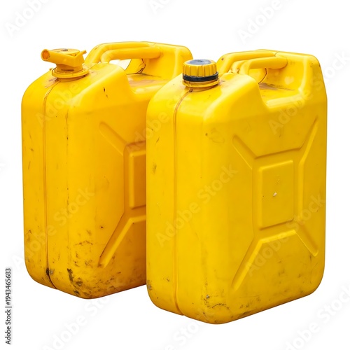 Two yellow plastic jerrycans are isolated against a white background; one has a nozzle and cap