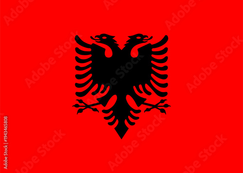 National flag of Albania banner. Albanian flag icon, badge. Background, sticker, button flag of Albania. Flag with black double headed eagle on a red field.