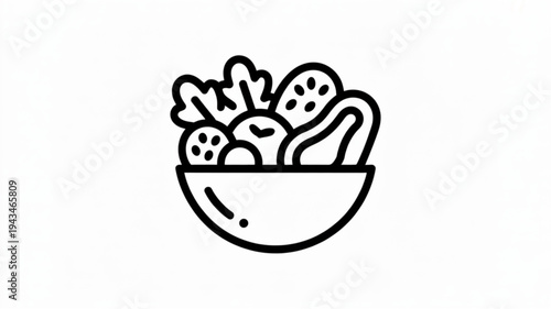 Black Line Drawing of a Center Bowl Filled with Food Items on a White Background