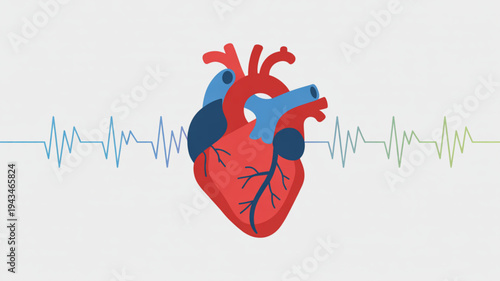 Vibrant Heart Illustration with ECG Line Graph in White Background – Colorful Anatomy Visualization
