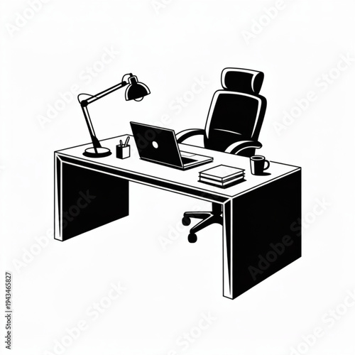 Illustrated Office Workspace with Laptop, Lamp, and Chair on a Simple Desk – Black and White Rendering