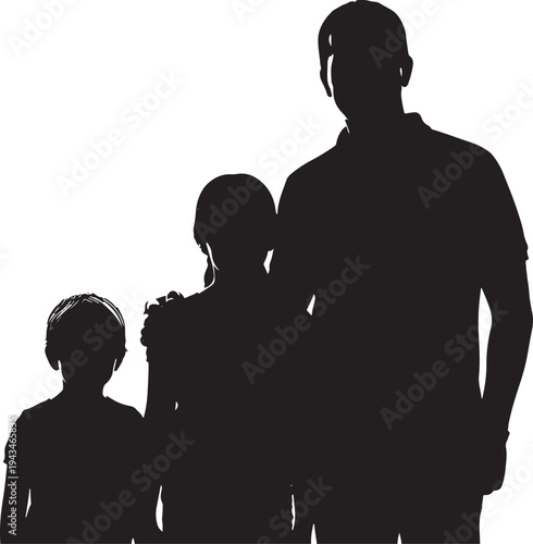 Silhouette of a father standing with his two children, family portrait of a man with son and daughter