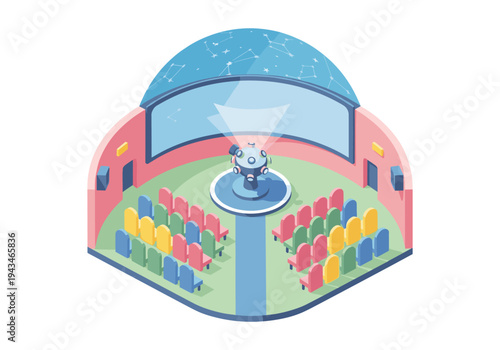 Isometric planetarium interior with projector and colorful seats for astronomical shows