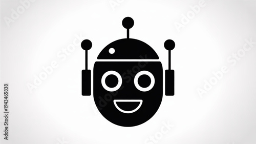 Friendly robot head illustration in blackandwhite, smiling brightly on a subtle gradient backdrop.