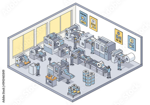 Isometric printing factory with workers operating machinery and producing labels