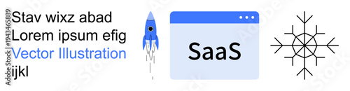 Technology, innovation, SaaS solutions, startups, progress, software. A rocket, SaaS text and snowflake icon. Technology and innovation concept for progress and cloud-based solutions