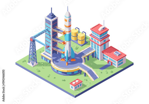 Isometric rocket launchpad with futuristic buildings and a towering rocket ready for liftoff