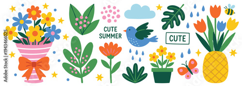 Summer floral elements with bouquet bird flowers leaves and bee set